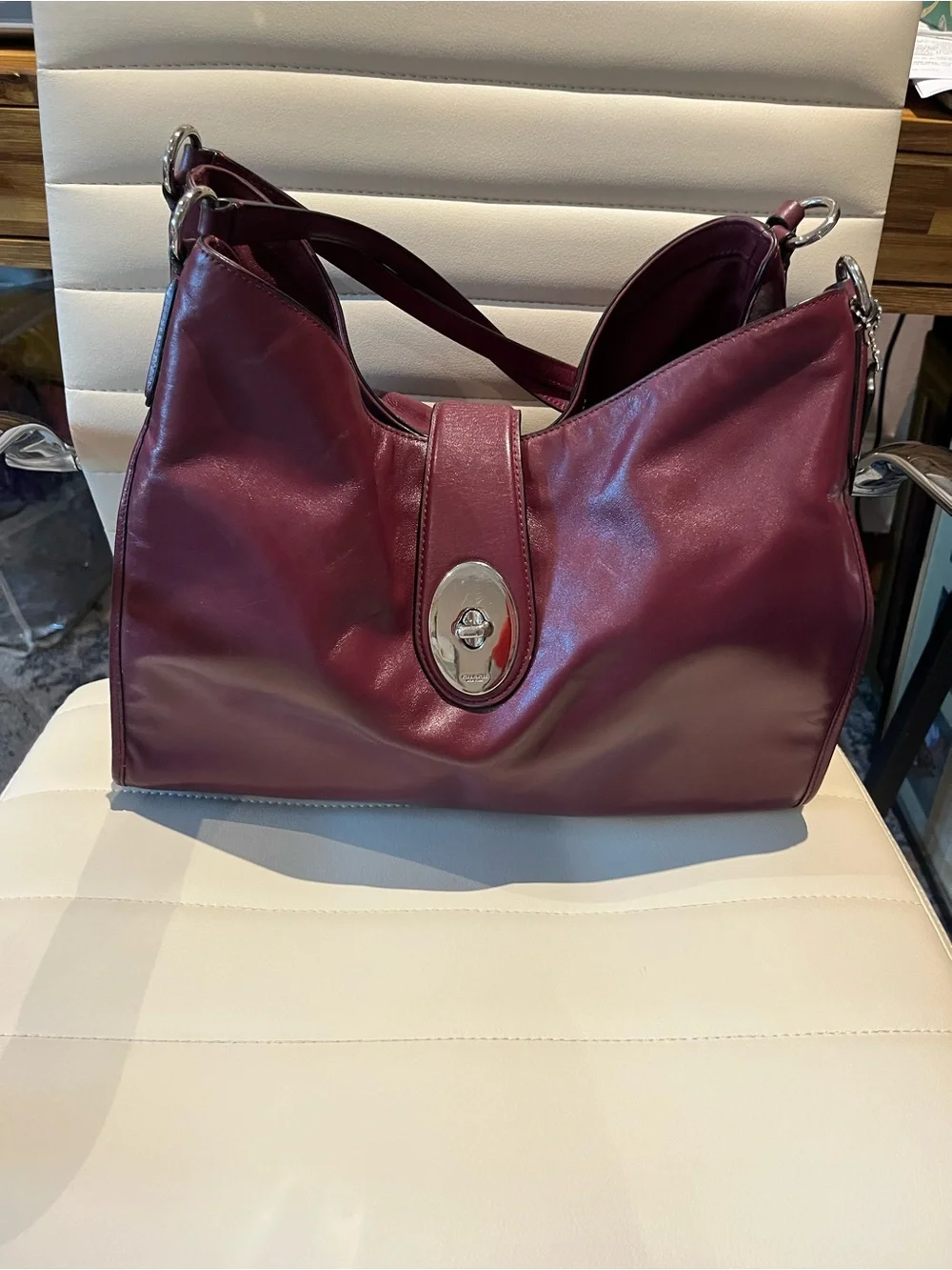 Coach Burgundy Leather Shoulder Bag with Silver Turn-Lock - Picture 1 of 10